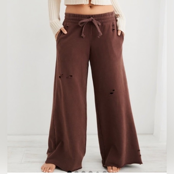 Aerie Wide Leg Destroyed Brown Sweatpants Size Small - Picture 1 of 9